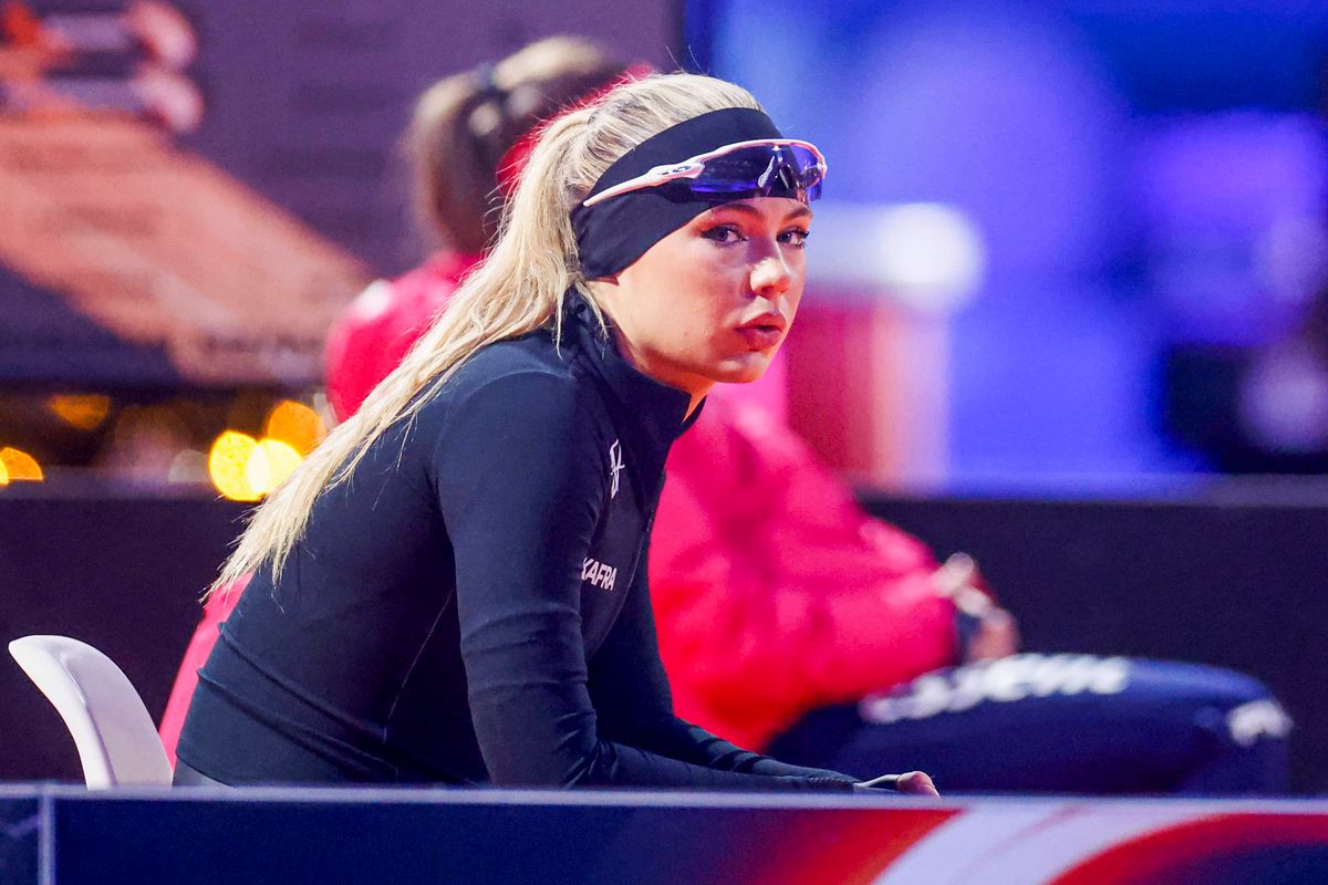 Heerenveen, Netherlands - December 28: Jutta Leerdam of Team Kafra looks on before competing on the Women's 500m on Day 3 of the Dutch Speed Skating Olympic Qualifiers at Thialf on December 28, 2025 in Heerenveen, Netherlands. (Photo by Henk Jan Dijks/Marcel ter Bals/DeFodi Images/DeFodi via Getty Images)