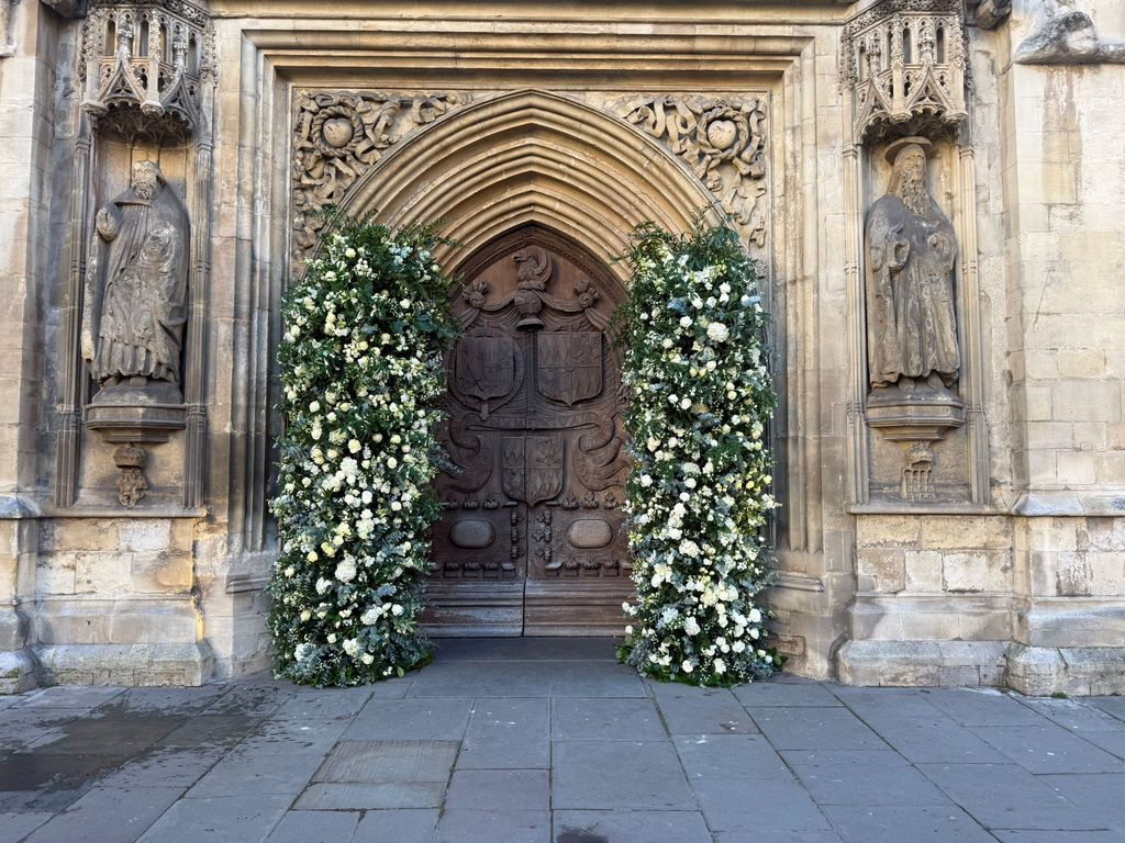 A closer look at the beautiful flower display outside Holly Ramsay and Adam Peaty's wedding venue, Bath Abbey