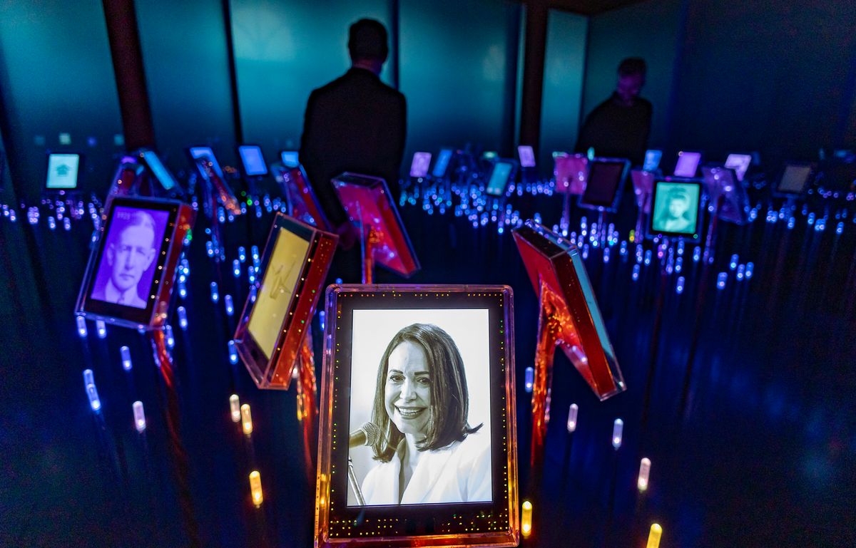 A picture of Nobel Peace Prize laureate Maria Corina Machado is seen among portraits of previous winners in the "Nobel Field" at the exhibition "Democracy on the brink" in honour of the laureate at the Nobel Peace Center in Oslo on December 9, 2025, on the eve of the Nobel Peace Prize ceremony. The new exhibition featuring the 2025 laureate opens to the public on December 12, 2024. (Photo by Odd ANDERSEN / AFP via Getty Images)