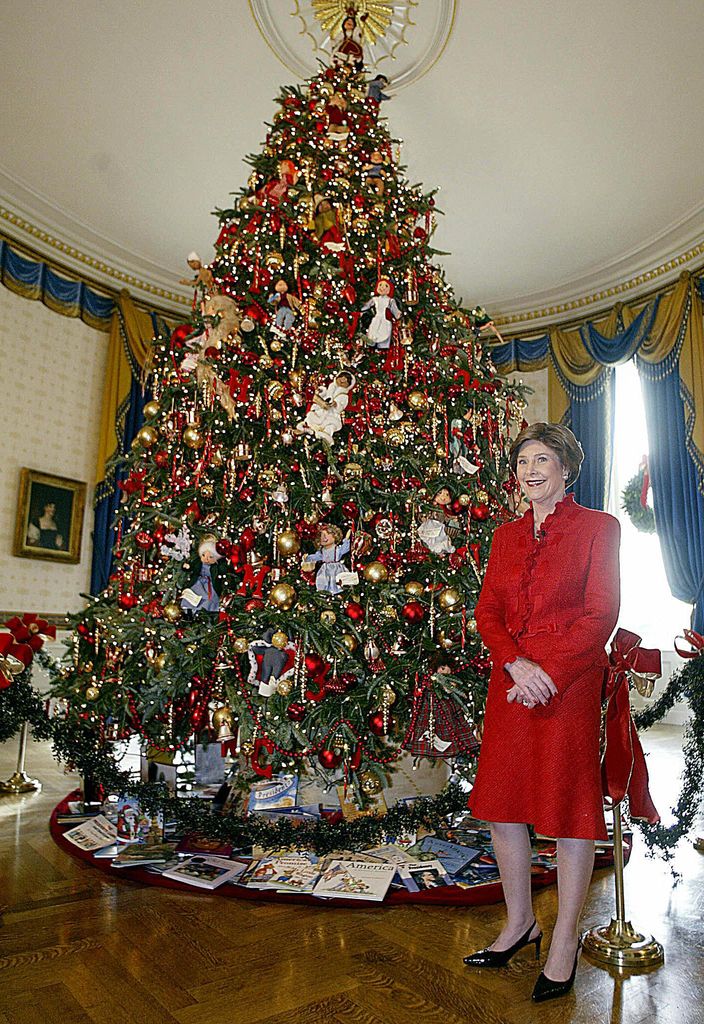 S First Lady Laura Bush shows reporters the White House Christmas in the Blue Room of the White House in Washington, DC, 04 December, 2003