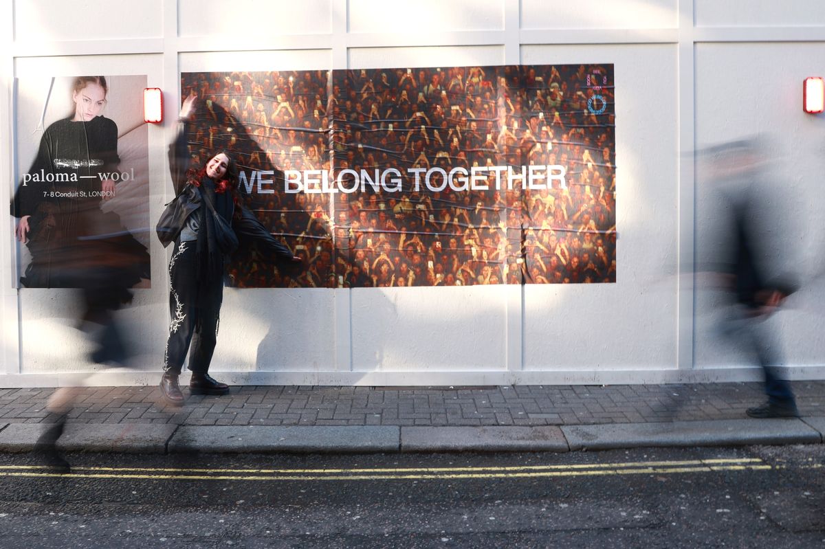 Harry Styles "We Belong Together" poster is seen on a wall in Soho on January 14, 2026 in London
