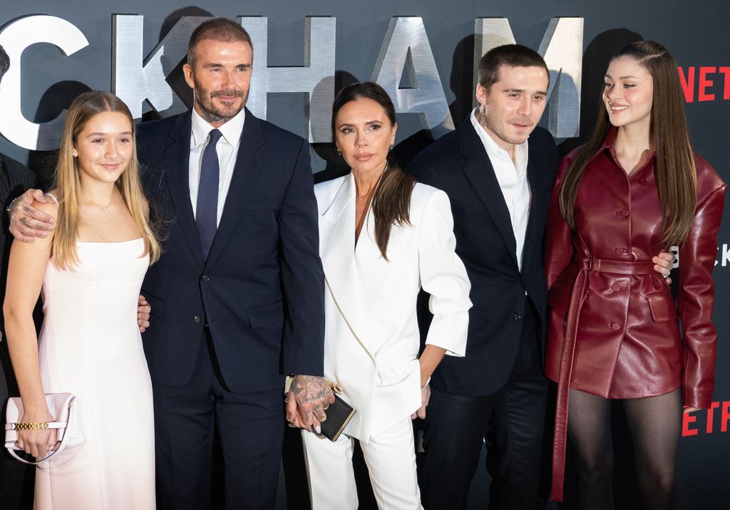 (L-R)Harper Beckham, David Beckham, Victoria Beckham, Brooklyn Beckham and Nicola Peltz attend the Netflix 'Beckham' UK Premiere in 2023