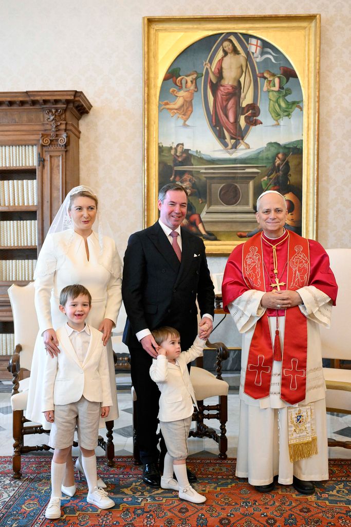 Pope Leo XIV poses with Grand Duke Guillaume of Luxembourg, Grand Duchess Stephanie of Luxembourg and sons during an audience at the Apostolic Palace on January 23, 2026