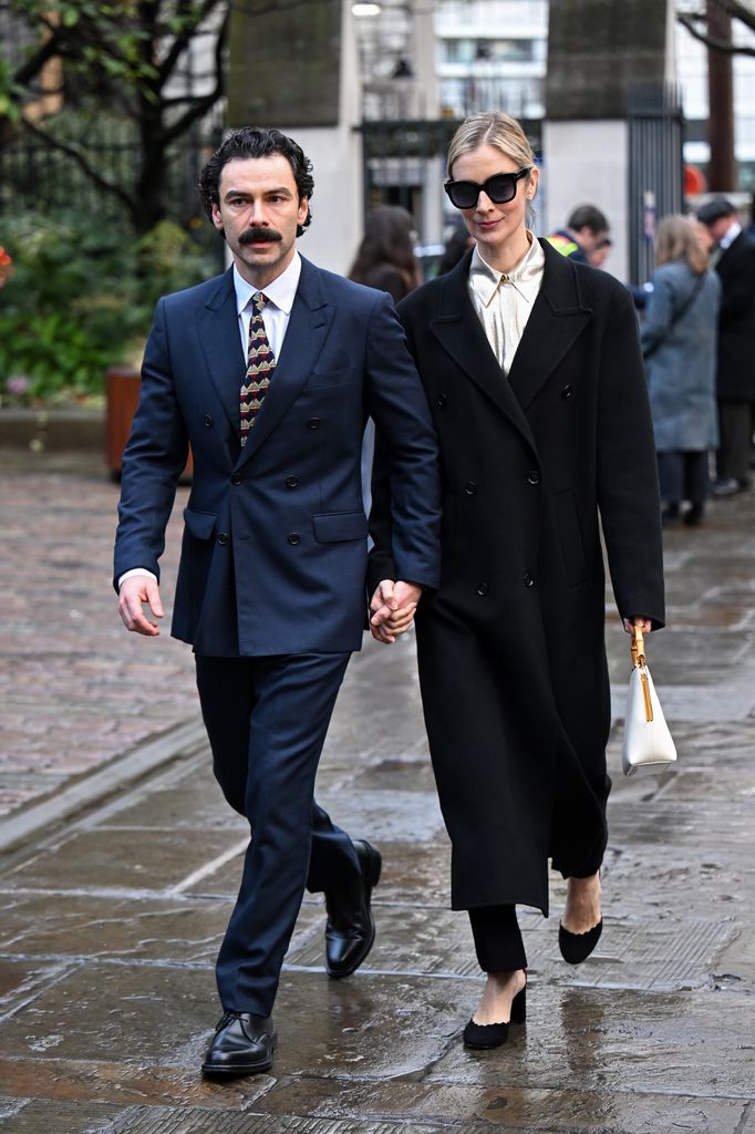 Aidan Turner and Caitlin Fitzgerald attend the memorial for Dame Jilly Cooper at Southwark Cathedral on January 30, 2026 