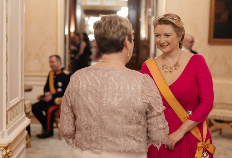 For this dazzling occasion, the Grand Duchess chose a fuchsia pink chiffon gown with sheer sleeves and a plunging V-neckline
