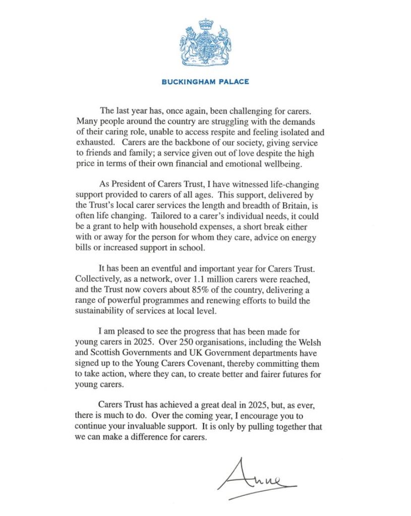 Letter from Princess Anne to the carers trust