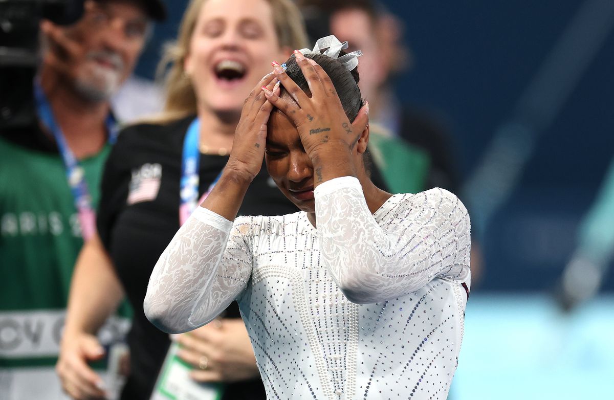 Jordan Chiles celebrates winning the bronze medal after competing in the Artistic Gymnastics Women's Floor Exercise Final.