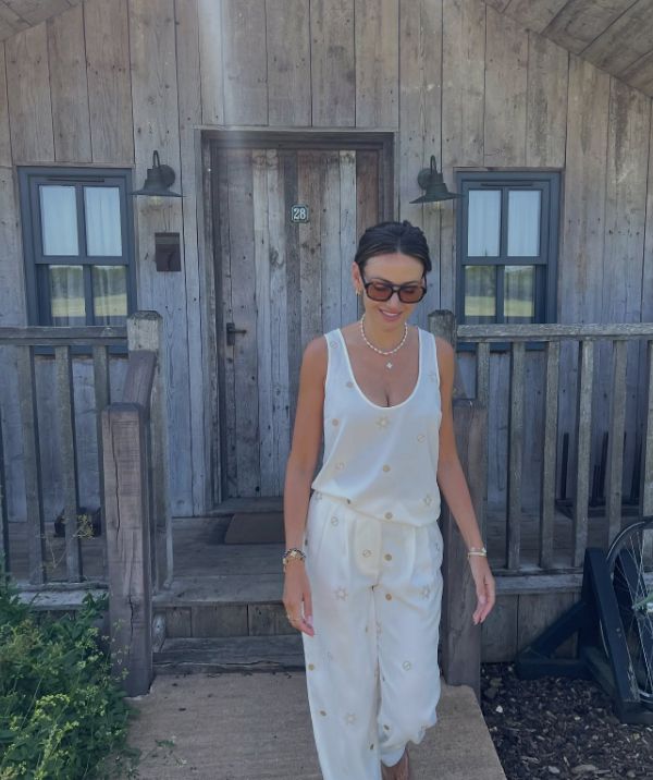 Michelle Keegan in a cream outfit