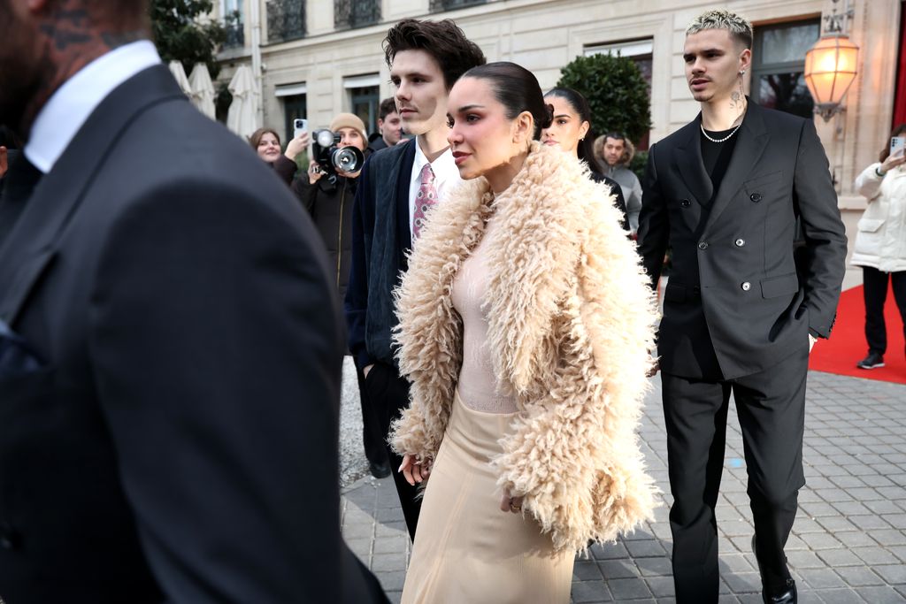 Jackie Apostel, Cruz Beckham, Kim Turnball and Romeo Beckham are seen during the Haute Couture Spring Summer 2026