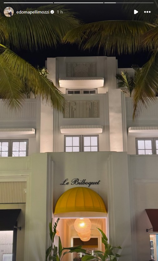 Taking to Instagram, Edo shared snaps of palm trees and the exterior of restaurant Le Bilboquet, located in Palm Beach