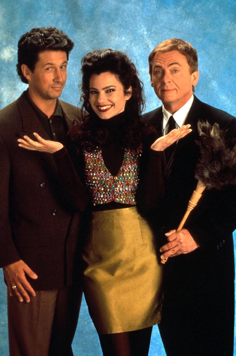 Fran Drescher with Charles Shaughnessy and Daniel Davis in a still from the television series The Nanny.