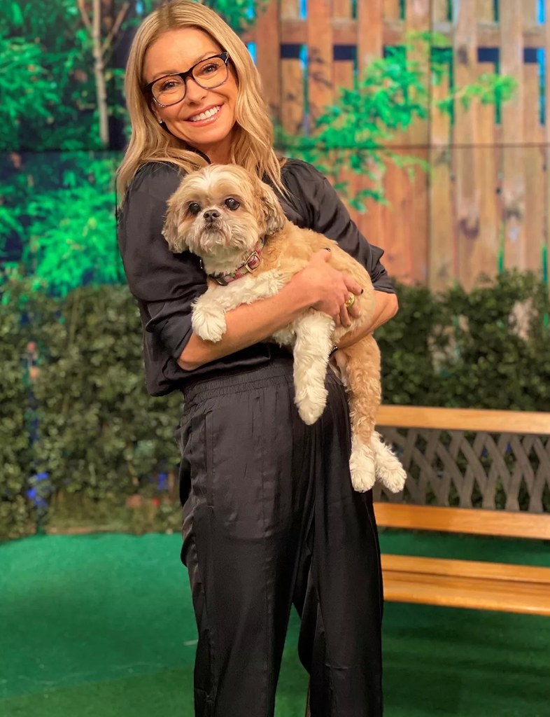 Kelly Ripa in black outfit holding her late dog Chewie