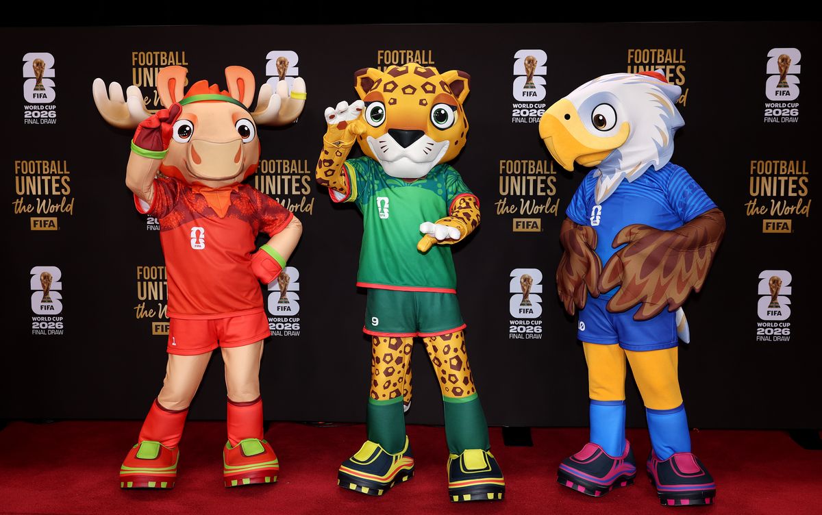 Official mascots Maple the Moose of Canada, Zayu the Jaguar of Mexico, and Clutch the Eagle of USA pose on the red carpet prior to the FIFA World Cup 2026 Official Draw at John F. Kennedy Center for the Performing Arts on December 05, 2025 in Washington, DC.  (Photo by Emilee Chinn - FIFA/FIFA via Getty Images)