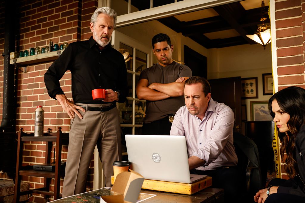 Gary Cole as NCIS Special Agent Alden Parker, Wilmer Valderrama as NCIS Special Agent Nicholas Torres, Sean Murray as Special Agent Timothy McGee, and Katrina Law as NCIS Special Agent Jessica Knight in NCIS season 23