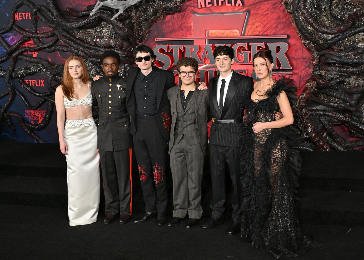 Sadie Sink, Caleb McLaughlin, Finn Wolfhard, Gaten Matarazzo, Noah Schnapp and Millie Bobby Brown attend the Los Angeles Premiere of Netflix's "Stranger Things" Season 5