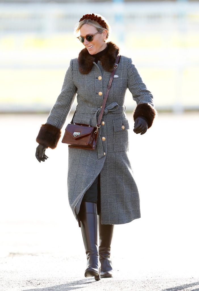 Zara Tindall in houndstooth coat and sunglasses