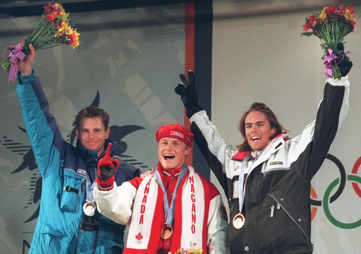  The first ever awarded metals for Olympic snowboarding: Ueli Kestenholz of Switzerland (bronze), Ross Rebagliati of Canada (gold), and Thomas Prugger of Italy (silver)