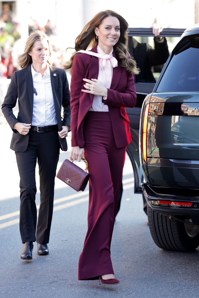 The Princess of Wales wore a burgundy suit by Roland Mouret