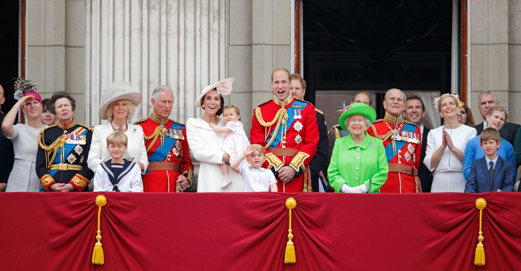 Zara Phillips, Princess Anne, the Duchess of Cornwall, Prince Charles, Prince William, the Duchess of Cambridge, Princess Charlotte of Cambridge, Prince George of Cambridge, Prince William, Duke of Cambridge, Prince Harry, Queen Elizabeth II, Prince Philip, Duke of Edinburgh, Peter Phillips, Sophie, Countess of Wessex, James, Viscount Severn, Lady Louise Windsor, and Prince Andrew, Duke of York watch the flypast from the balcony of Buckingham Palace during Trooping the Colour, this year marking the Queen's 90th birthday on June 11, 2016 in London, England.  