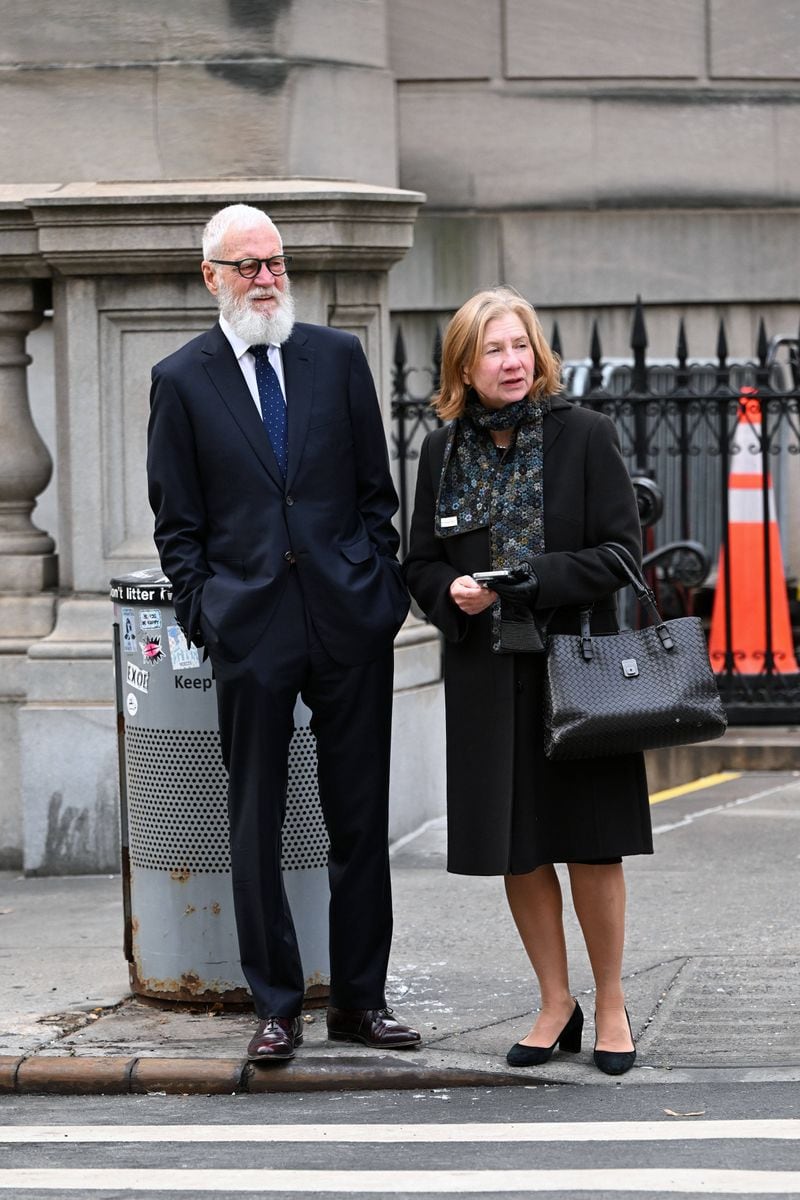 David Letterman, Regina Lasco depart the funeral of Tatiana Schlossberg at The Church of St. Ignatius Loyola. 
