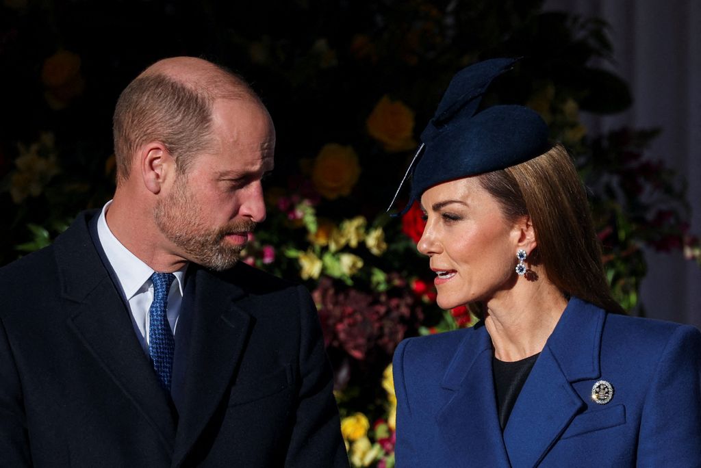 Britain's Prince William, Prince of Wales (L) and Britain's Catherine, Princess of Wales, wait during a greeting ceremomy for Germany's President in Windsor, on December 3, 2025