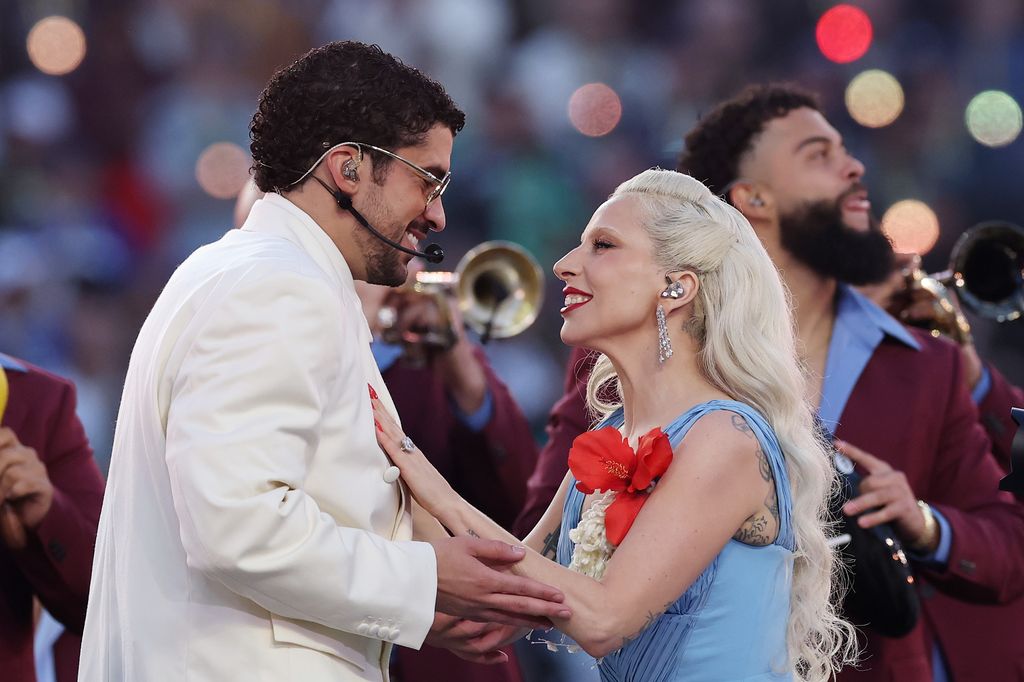 Bad Bunny and Lady Gaga perform onstage during the Apple Music Super BowlÂ LX Halftime Show at Levi's Stadium on February 08, 2026 in Santa Clara, California.