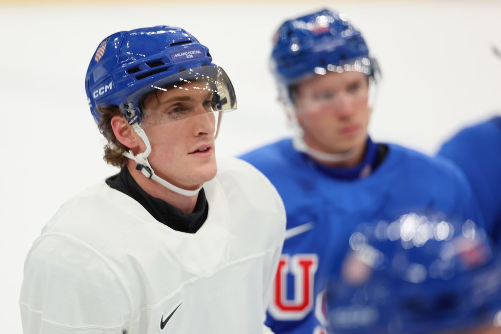 Tage Thompson #72 of Team United States takes part during training on day two of the Milano Cortina 2026 Winter Olympic games at Milano Santagiulia Ice Hockey Arena on February 08, 2026 in Milan, Italy. (Photo by Gregory Shamus/Getty Images)
