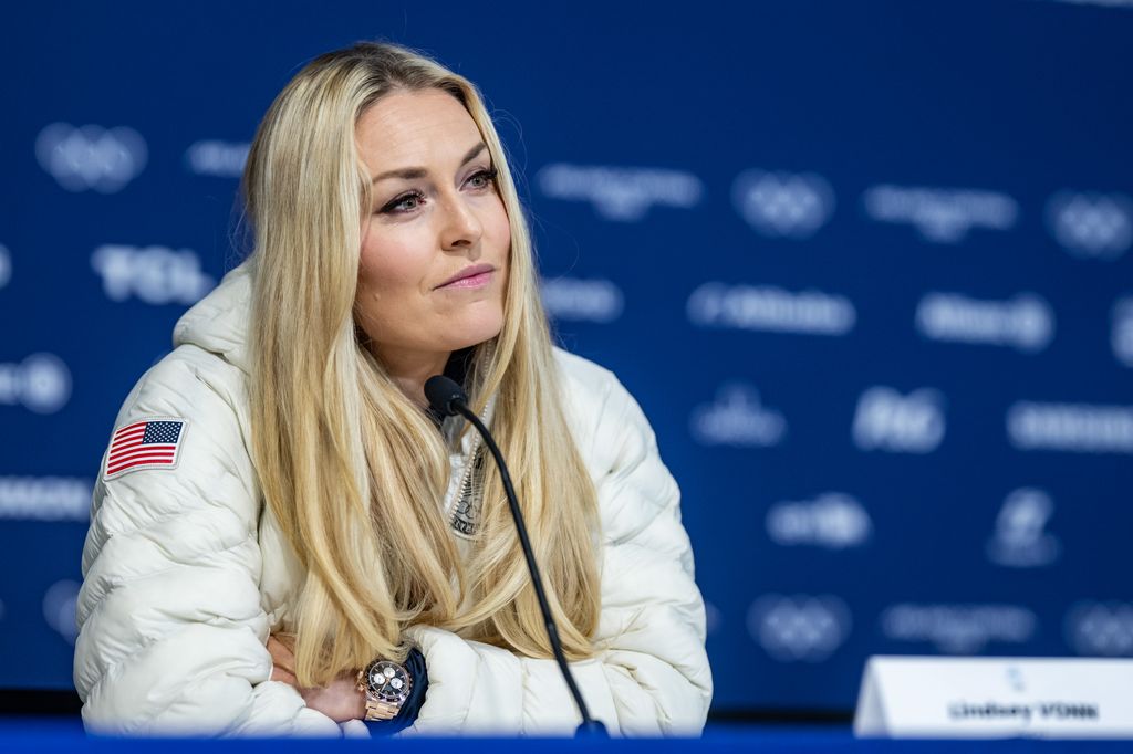 Lindsey Vonn of Team United States speaks during a Team United States Women's Alpine Skiing press conference at Cortina Curling Olympic Stadium on day minus three of the Milano Cortina 2026 Winter Olympic Games on February 3, 2026 in Cortina d'Ampezzo, Italy