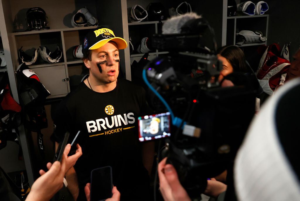 Charlie McAvoy #73 of the Boston Bruins talks with media in the locker room after the 2026 NHL Stadium Series game between the Boston Bruins and the Tampa Bay Lightning at Raymond James Stadium on February 01, 2026 in Tampa, Florida. (Photo by Eliot J. Schechter/NHLI via Getty Images)