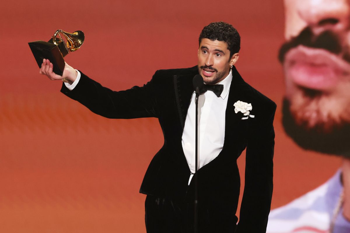 LOS ANGELES, CALIFORNIA - FEBRUARY 01: Bad Bunny accepts the Album of the Year award for "DeBÃ TiRAR MÃ¡S FOToS" onstage during the 68th GRAMMY Awards at Crypto.com Arena on February 01, 2026 in Los Angeles, California.  (Photo by Kevin Winter/Getty Images for The Recording Academy) 