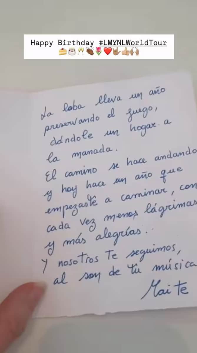 Shakira celebrates her 49th birthday with a heartfelt Las Mujeres Ya No Lloran tour anniversary card.