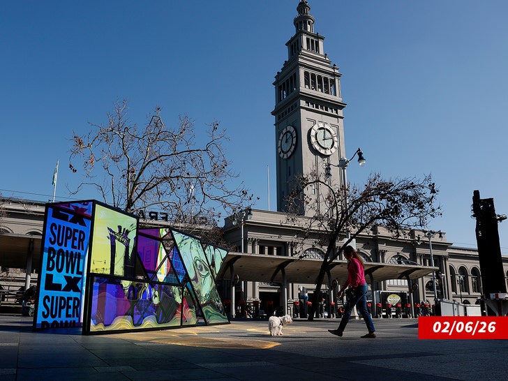 The Super Bowl LX logo is displayed at the San Francisco Ferry Building getty
