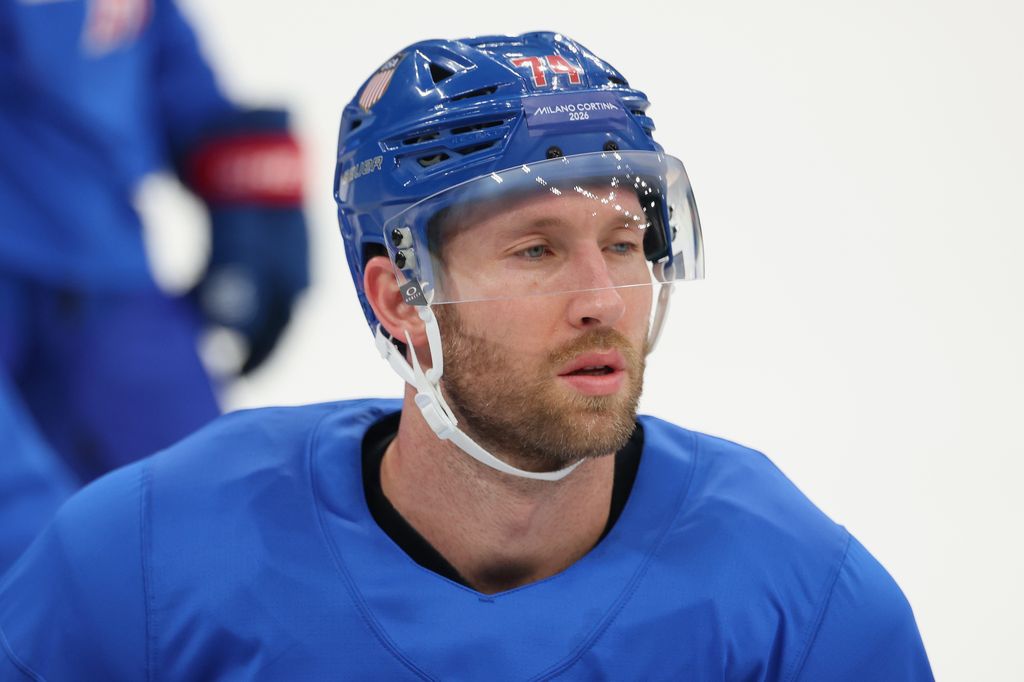 Jaccob Slavin #74 of Team United States takes part during training on day two of the Milano Cortina 2026 Winter Olympic games at Milano Santagiulia Ice Hockey Arena on February 08, 2026 in Milan, Italy. (Photo by Gregory Shamus/Getty Images)