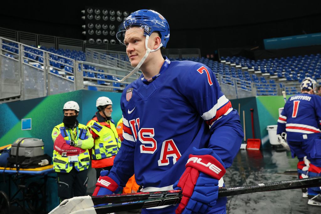 Brady Tkachuk #7 of Team United States is seen prior to training on day three of the Milano Cortina 2026 Winter Olympic games at Milano Santagiulia Ice Hockey Arena on February 09, 2026 in Milan, Italy. (Photo by Bruce Bennett/Getty Images)