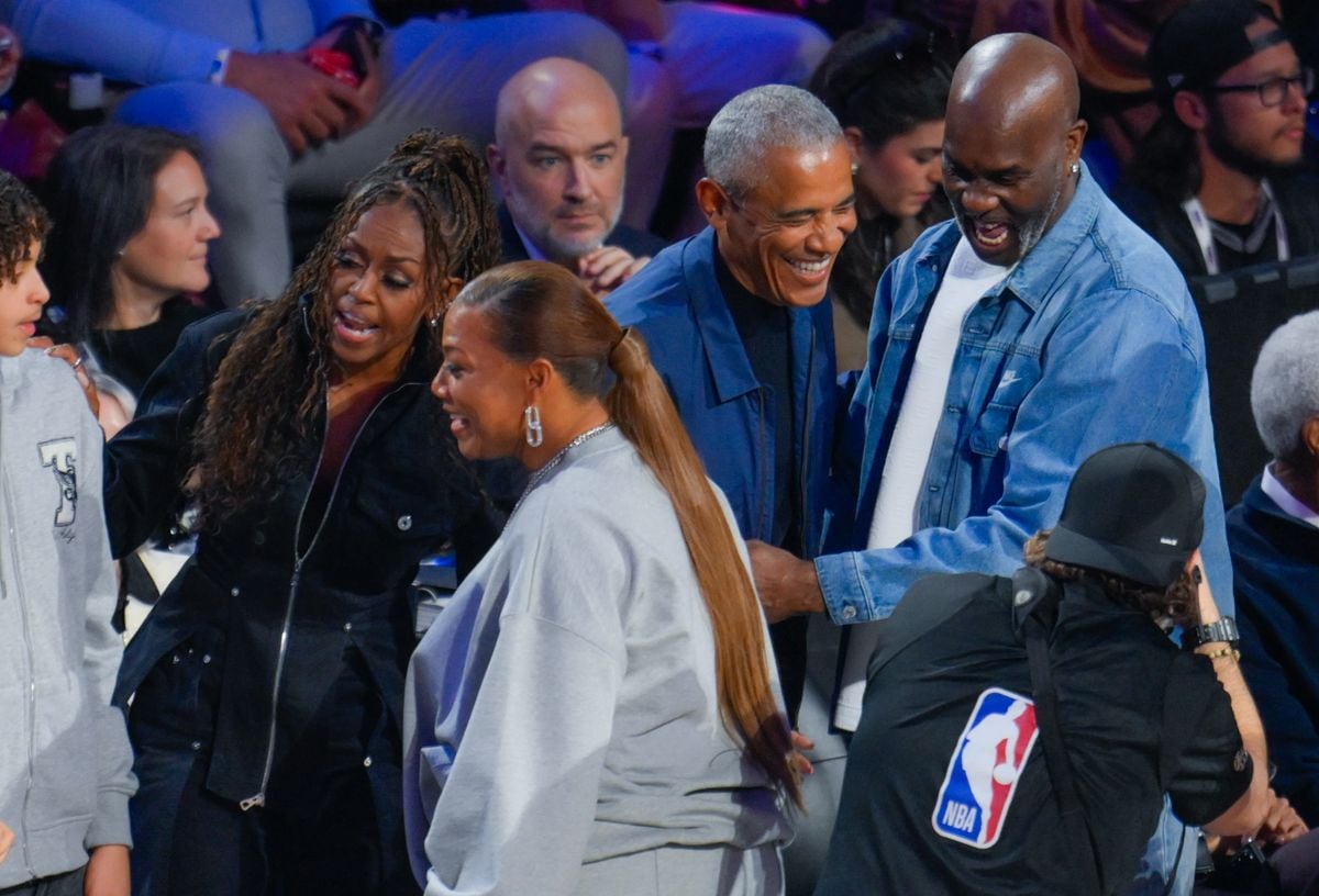 Michelle Obama and Queen Latifah attend the 75th NBA All-Star Game at Intuit Dome on February 15, 2026 in Inglewood, California. 