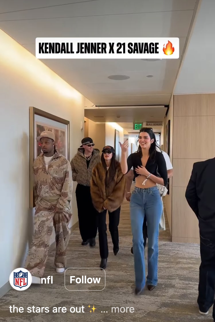 Kendall Jenner made a stylish entrance at Super Bowl LX, arriving at one of the stadium’s private suites ahead of Bad Bunny’s highly anticipated halftime performance
