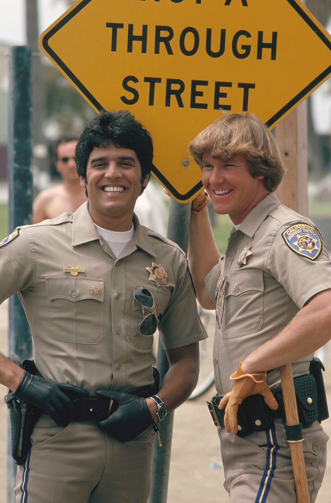 Erik and Larry Wilcox on the set of CHiPs
