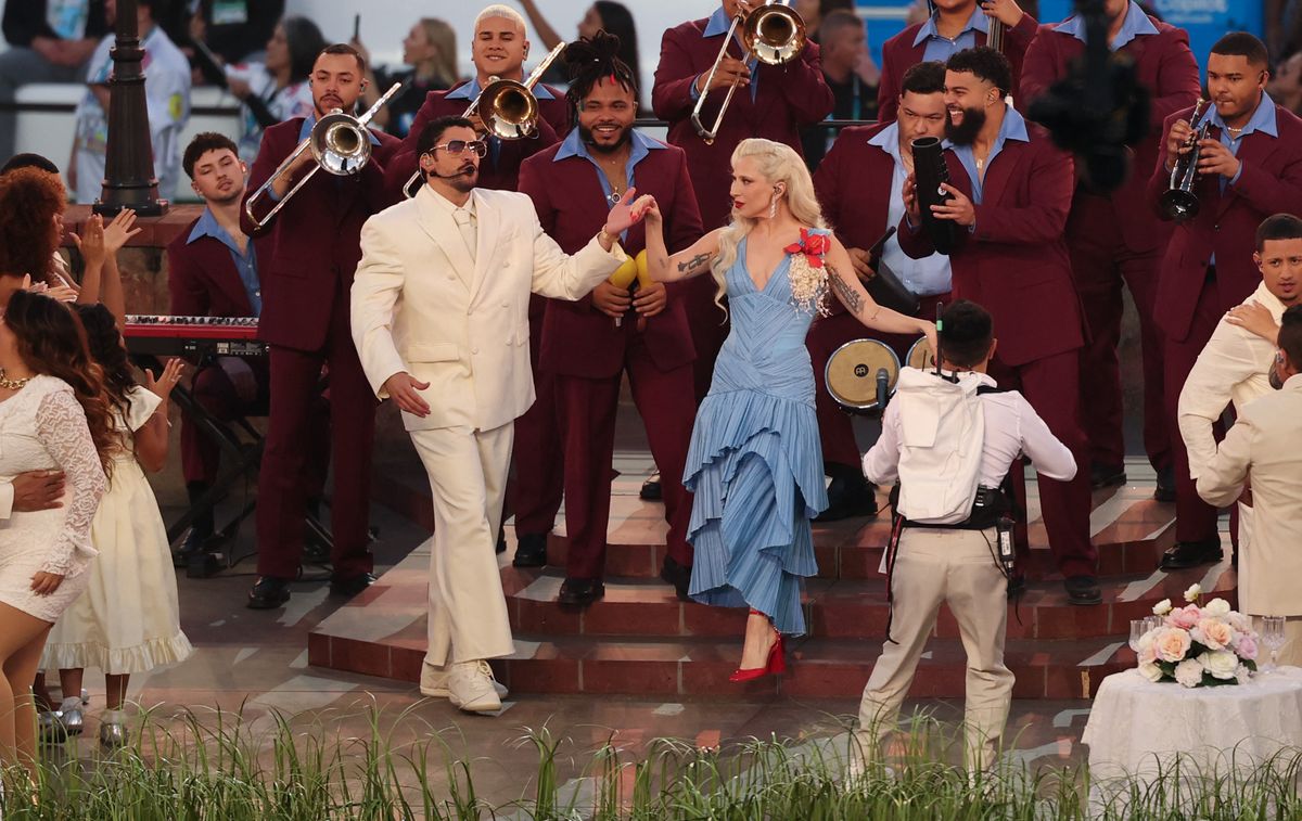 Lady Gaga and Puerto Rican singer Bad Bunny perform during Super Bowl LX Patriots vs Seahawks Apple Music Halftime Show at Levi's Stadium