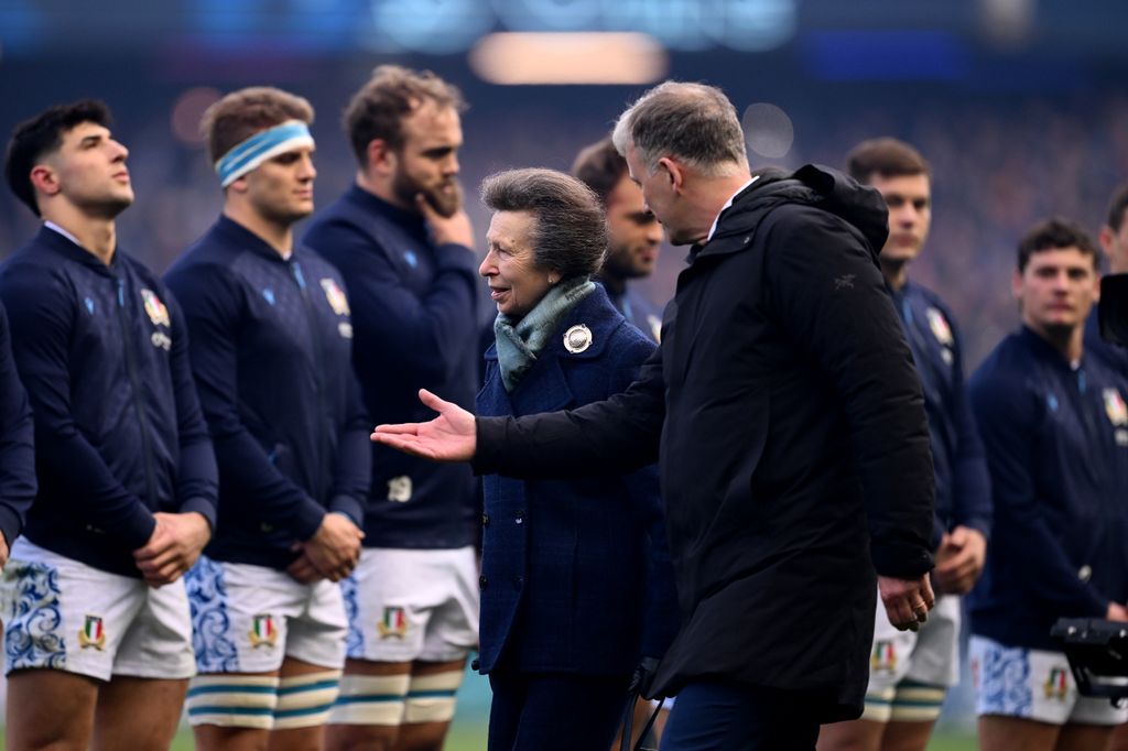 Princess Anne being introduced to players before the Guinness Six Nations 2025 match between Scotland and Italy
