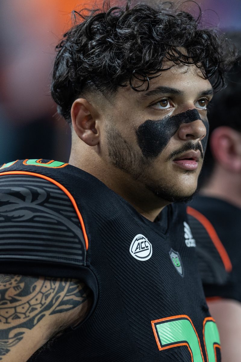 Andres Borregales #30 of the Miami Hurricanes looks on before a game against the Georgia Tech Yellow Jackets at Hard Rock Stadium on October 07, 2023 in Miami Gardens, Florida. (Photo by Lauren Sopourn/Getty Images)