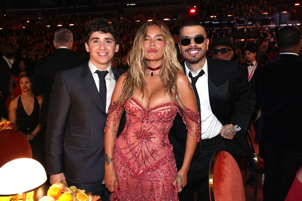 LOS ANGELES, CALIFORNIA - FEBRUARY 01: (L-R) Marcello Hernández, Karol G and Rauw Alejandro attend the 68th GRAMMY Awards at Crypto.com Arena on February 01, 2026 in Los Angeles, California. (Photo by Johnny Nunez/Getty Images for The Recording Academy)