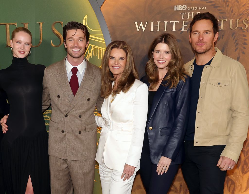Abby Champion, Patrick Schwarzenegger, Maria Shriver, Katherine Schwarzenegger and Chris Pratt attend the Los Angeles Premiere of HBO Original Series "The White Lotus" Season 3 at Paramount Theatre on February 10, 2025 in Los Angeles, California