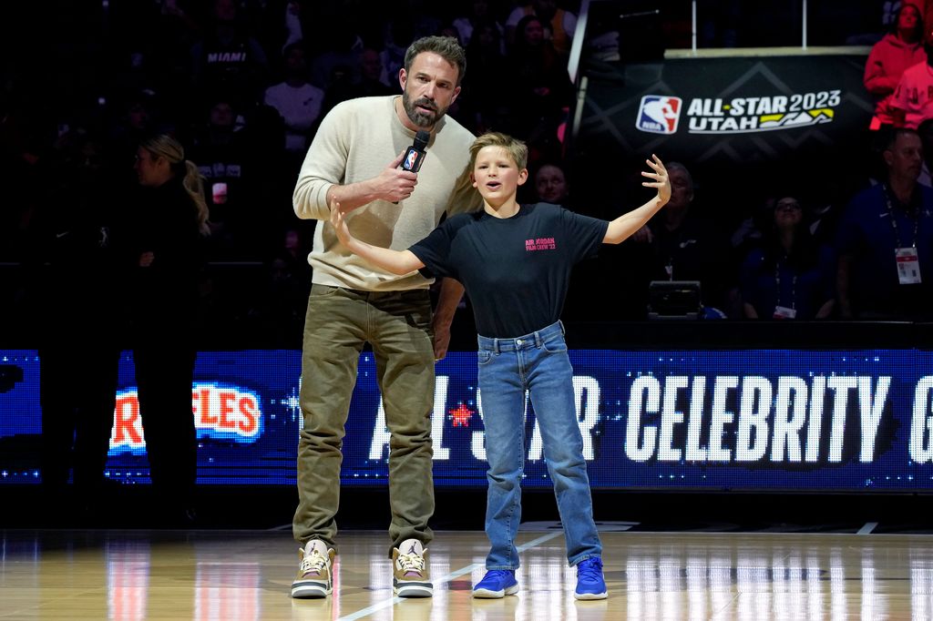 Ben Affleck and Samuel Garner Affleck speak at the Ruffles Celebrity Game during the 2023 NBA All-Star Weekend at Vivint Arena on February 17, 2023 in Salt Lake City, Utah.