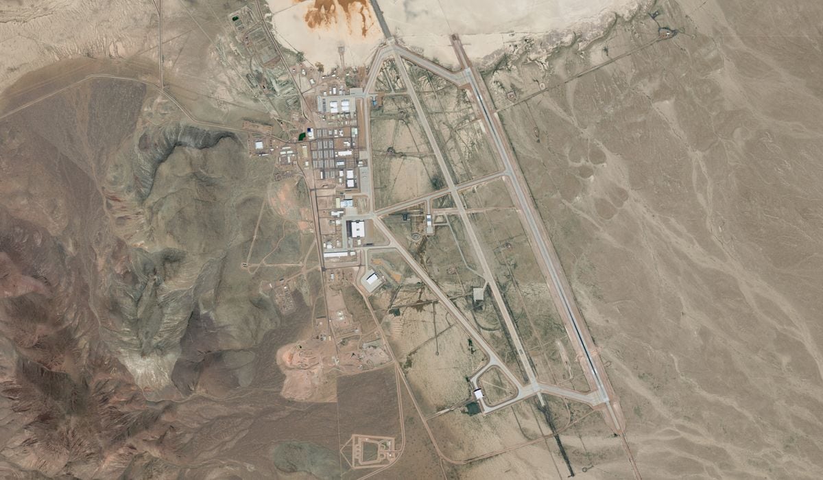 Detailed view of the main installation at the highly classified Area 51 facility located within the Nevada Test and Training Range.