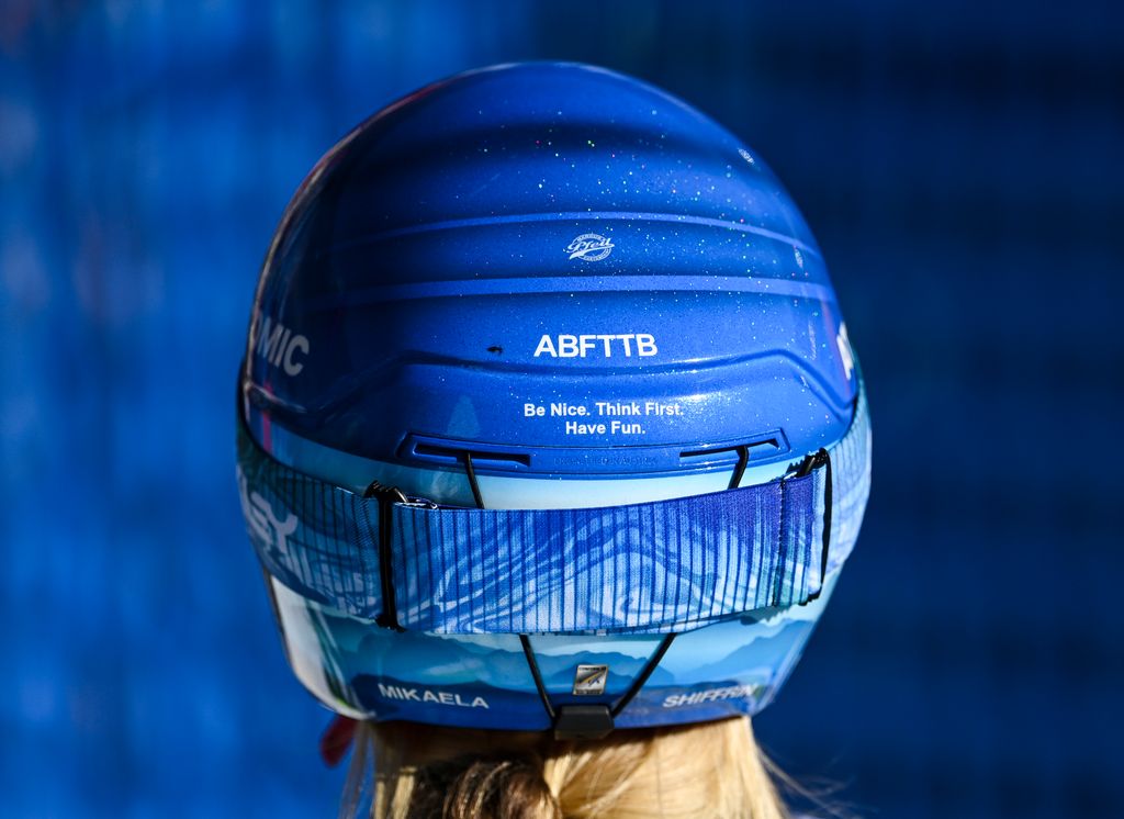 Detail view of helmet of Mikaela Shiffrin 