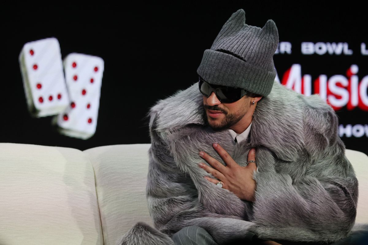 Bad Bunny is interviewed during the Super Bowl LX Pregame & Apple Music Super Bowl LX Halftime Show Press Conference at Moscone Center West on February 05, 2026 in San Francisco