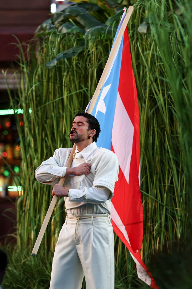 Bad Bunny performs in the Apple Music Halftime Show during the NFL Super Bowl 60 