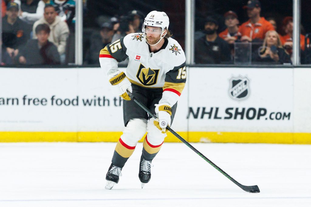 Noah Hanifin #15 of the Vegas Golden Knights skates with the puck during the third period against the Anaheim Ducks at Honda Center on February 1, 2026 in Anaheim, California. (Photo by Ric Tapia/Getty Images)