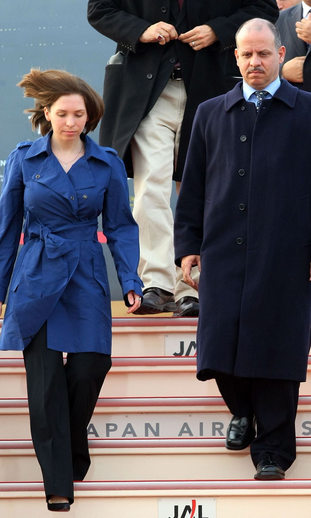 Princess Raiyah Bint Al Hussein and Prince Feisal Bin Al Hussein of Jordan arrive at the Tokyo International Airport in Tokyo, Japan