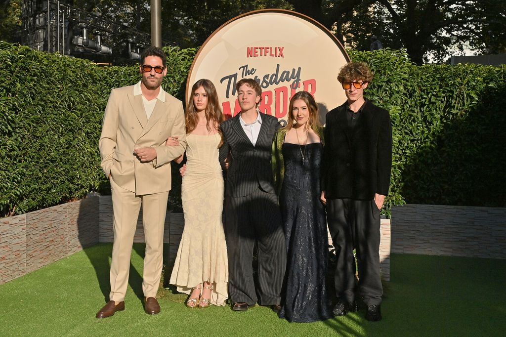 Tom Ellis (L), Florence Ellis (2L), Nora Ellis (2R) and guests attend the UK Premiere of "The Thursday Murder Club" in Leicester Square on August 21, 2025 in London, England